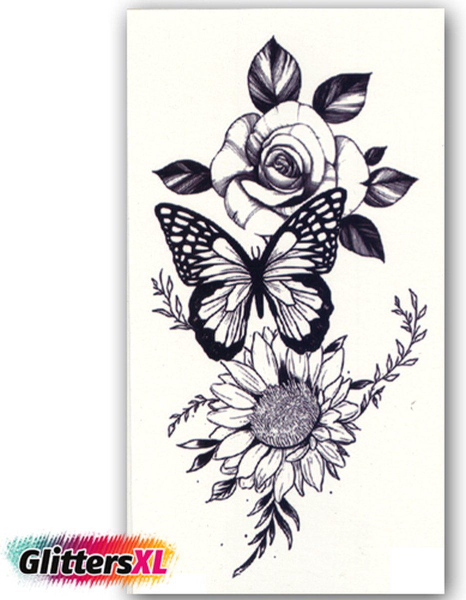 GlittersXL - Temporary Tattoo Roos/Vlinder/Zonnebloem (21x12 cm) [Neptattoo - Tijdelijke tatoeage - Nep Fake Tattoos - Water overdraagbare festival sticker henna outfit tattoo - Glitter tattoo - Volwassenen Kinderen Jongen Meisje]